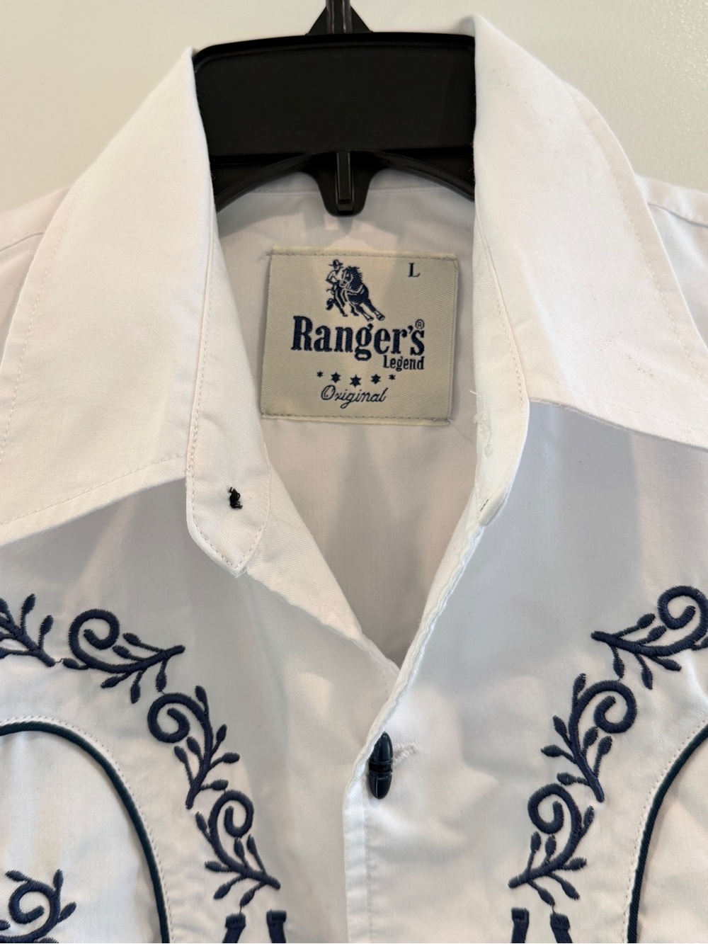 Ranger's Charro White Shirt with Dark Blue Floral Embroidery Button Down sz L - Picture 4 of 12